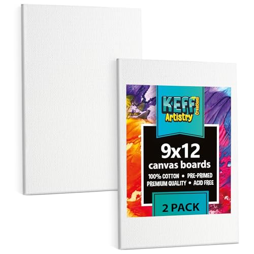 KEFF Canvas Boards for Painting - 9x12 2-Pack Bulk Canvas Panels Value Pack - 100% Cotton Triple Primed Canvases for Painting Supplies, Acrylic, Oil, Watercolor & Tempera