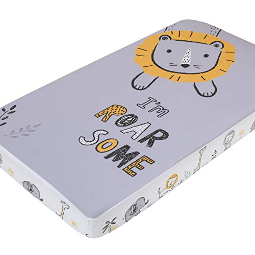 Image of Little Love By Nojo Roarsome Lion, Grey, Yellow, White "I'M Roar Some" Photo Op Fitted Crib Sheet, Yellow, Grey, White, Charcoal