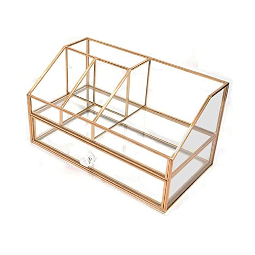 HARLIANGXY Organizador de maquillaje dorado con cajón, Organizador de cosméticos, Almacenamiento de cosméticos , Bandeja organizador de belleza, Caja de almacenamiento de tocador vintage de cristal Cover
