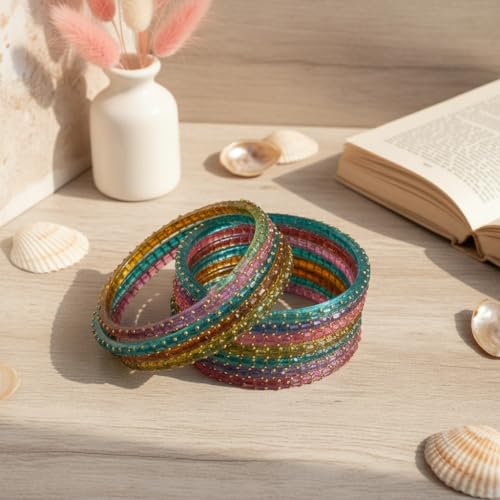 Image of SUNDRAM Raindrop Glass Bangles Set for Women & Girls, Transparent Crystal Kanch Ki Chudi for Wedding & Party, Set of 12