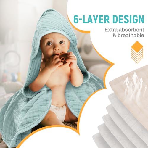 Image of Muslin Hooded Baby Towel, Soft Cotton, Sage Green