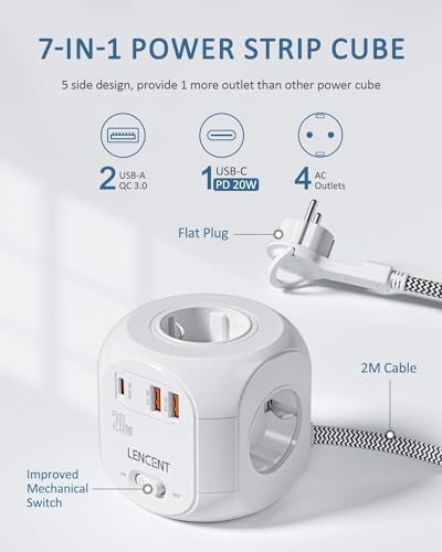 LENCENT Listwa zasilająca z 4 gniazdami wtykowymi typu C PD20W z wieloma gniazdami wtykowymi 7 w 1, z 2 USB3.0 i 1PD20 W, listwa zasilająca z plecionym kablem 2M do gniazdka ściennego