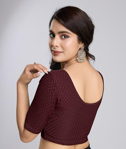 Image of TRENDMALLS Women's Dobby Pure Cotton Elastin Stretchable Readymade Round Neck Elbow Length Sleeves Blouse Choli Stylish Saree Blouse Ready to Wear