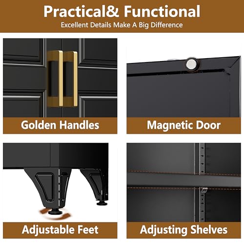 Image of Polup Kitchen Pantry Cabinet, 90 inch Tall Metal Storage Cabinet with Doors | Black Heavy-Duty Steel Cupboard, 5 Adjustable Shelves, Magnetic Latch, Gold Handles, for Dining Living Room, Laundry, Garage