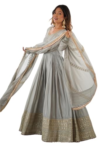 Image of FUSIONIC Elegant Maroon Chinon Anarkali Set with Heavy Border & Dupatta Set