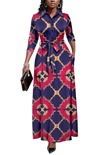 Image of Rumwind Maxi Dresses for Women, 3 /4 Sleeve Shirt Collar Casual Afircan Print Church Dress Button Down with Belt and Pockets