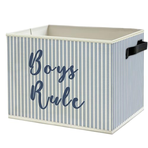 Image of Boy Nursery Storage Bins Box with Handles, Blue Striped Boys Rule Playroom Collapsible Basket Organizer for Kids Toddler Boys Room Bedroom Bathroom Books Clothes