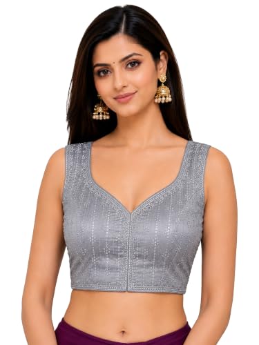 Image of TRENDMALLS Women's Dhupion Silk Embroidery Sequence Work V Neck Sleeveless Blouse Choli Stylish Saree Blouse Ready to Wear