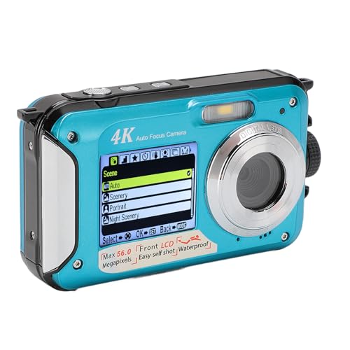 Waterproof Underwater Camera, 4K 56MP Digital with 16X Zoom, Dual Screen 64G Card, Autofocus, Face Detection, 1250mAh Battery for Snorkeling (Blue)