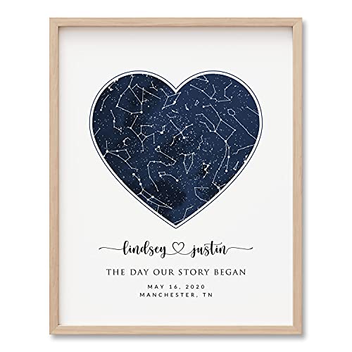 Custom Star Sky Map Print - UNFRAMED, Heart Shape Navy Watercolor Texture Zodiac Constellation Wall Art, Wedding Anniversary Newborn Gift, Birthday Gift to Her and Him, Valentine's Day Gift