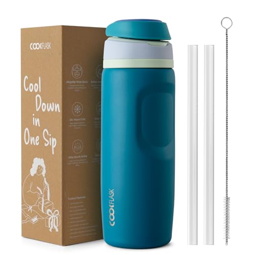 Coolflask MegaSip Insulated Water Bottle 24 oz with Straw, Stainless Steel Water Bottles Leak-Proof, 24+ Hours Cold, BPA-Free Dishwasher Safe, Water Flask for Sports Gym Work Office, Scuba Blue