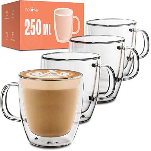 Cosumy 4 Verres à Double Paroi de 250ml avec Poignée pour Cappuccino - Conserve la Température - Protège vos Mains - Avec Boîte Cadeau