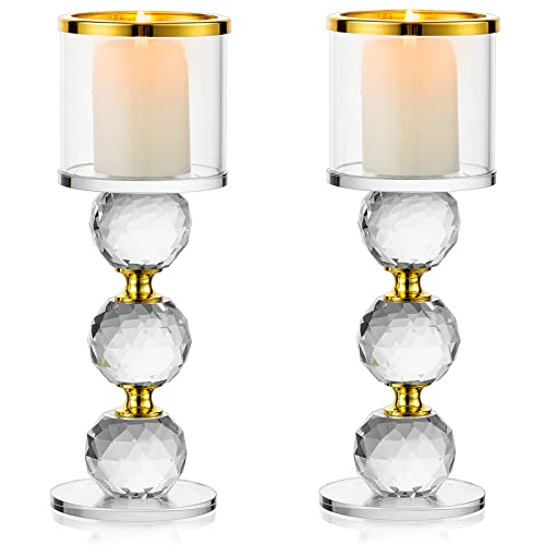 Sziqiqi Kristall Kerzenständer Set, 2 Stück Kerzenhalter Stumpenkerzen Glas, Modern Kerzenhalter Stabkerze Teelichthalter für Hochzeit Esstisch Badezimmer Tischdeko Geburtstag Party Deko, Gold