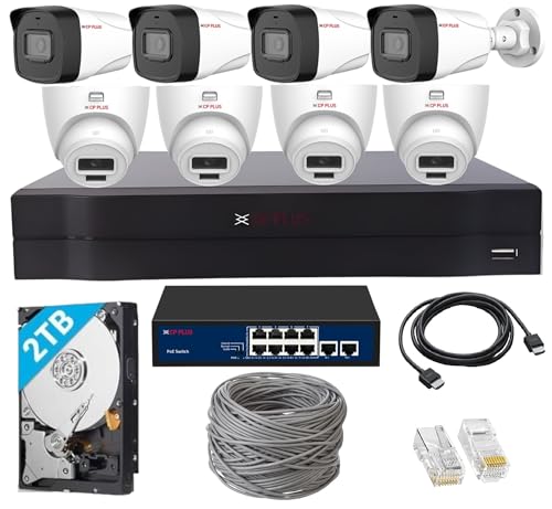 Image of CP PLUS 8 Channel Full HD NVR with 4X Outdoor and 4X Indoor 2 MP Built-in Audio Mic Wired IP CCTV Cameras, Motion Detection, 8 Port PoE, 2TB HDD, 100 Meter CAT6 Cable, RJ45 Connector - White