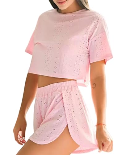 DURINM Schlafanzug Damen Kurz Baumwolle Zweiteiliger Pyjama Set Kurzarm Nachtwäsche Pyjama Set Sommer Nachtwäsche Rundhals Zweiteiliger Sleepwear