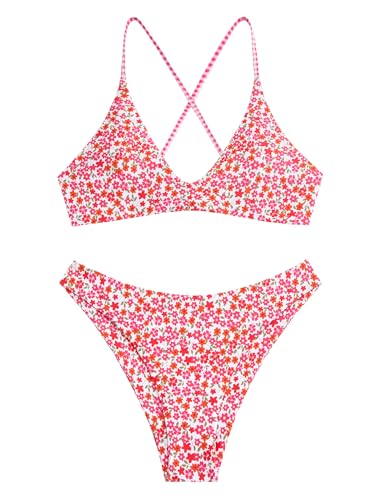 Image of ZAFUL Women's Tie Back Padded High Cut Bralette Bikini Set Two Piece Swimsuit
