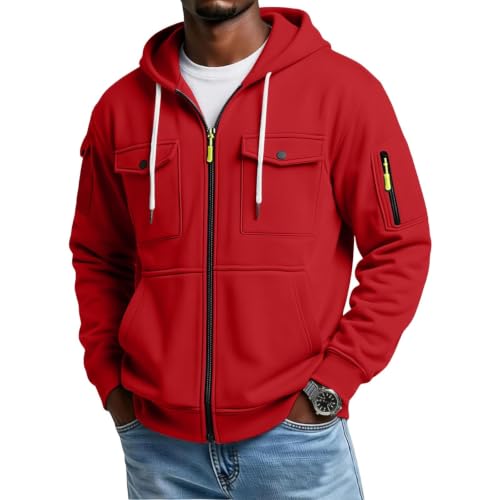 VBTAPA Mock Neck Sweatshirt Hoodies For Men Casual Workout Gym Cargo Hooded Sweatshirts Fahion Heavyweight Warm Fleece Zip Up Jacket Pockets 2026 Red S - image 1