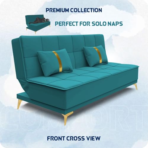 Image of Adorn India Premium New Alyssum 3 Seater Sofa Cum Bed 4X6 Velvet Suede with 2 Cushions (Color Aqua Blue) and Suitable for All Indoor, with 3 Years Warranty