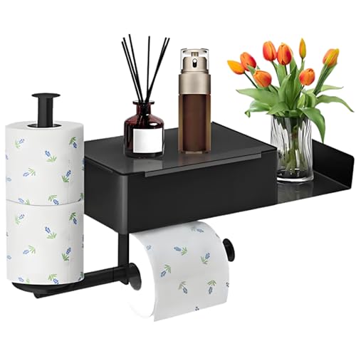Toilettenpapierhalter mit Feuchttücherbox, Klopapierhalter Ohne Bohren, Wandmontage, Toilettenpapierhalter mit Ablage, WC Papier Aufbewahrung, Schwarz