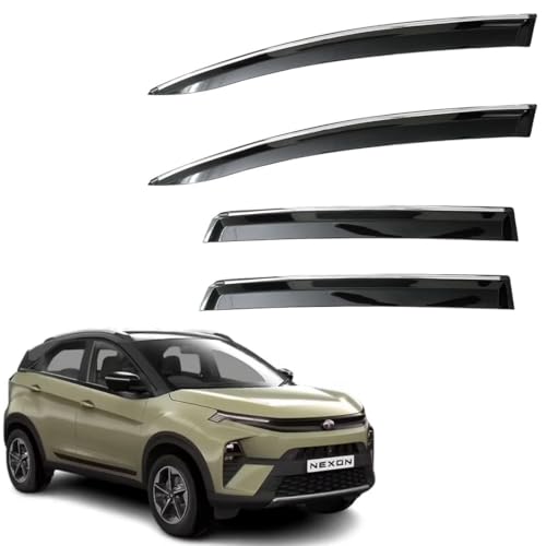 Image of CAR SAAZ Unbreakable Chrome Smoke Door Visor for Nexon (2023-Present)| Premium Sun, Rain Wind Deflector Chrome Strip Side Door Rain Visor - Set of 4 Pcs