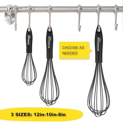 Image of NileHome Upgrade Silicone Whisk Set 8 inch 10 inch 12 inch Kitchen Whisk Kitchen Wisk Wire Whisks for Cooking, Whisking, Blending, Beating, Stirring-Black