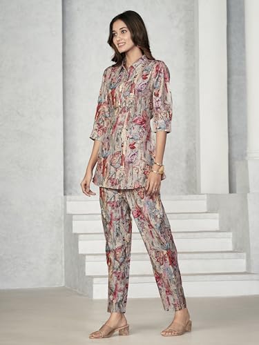 Image of NAINVISH Women Muslin Floral Co-Ord Set | Ethnic | Casual Wear Pant Top Set | Fancy | Full Pair Set | Kurtis Sets | Kurta Pant Set