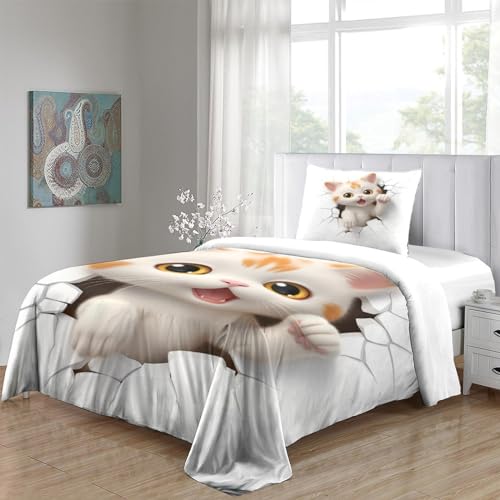 Housse de couette chat mignon 3D en microfibre douce sans repassage pour lit simple