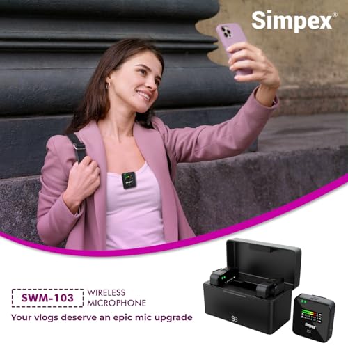 Image of Simpex SWM-103, 2-in-1 Wireless Microphone System with 100M Range, 12hrs of Work time, LCD Screen on All The Units, Plug and Play, Noise Cancellation, Compatible with Smartphones and Camera