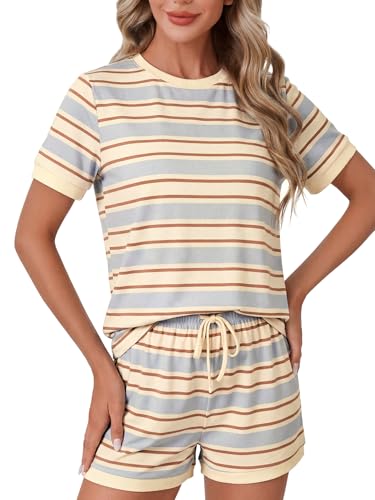 Image of LYANER Pajama Set for Women 2 Piece Lounge Set Striped Crew neck Short Sleeve Tops and Shorts Soft Sleepwear