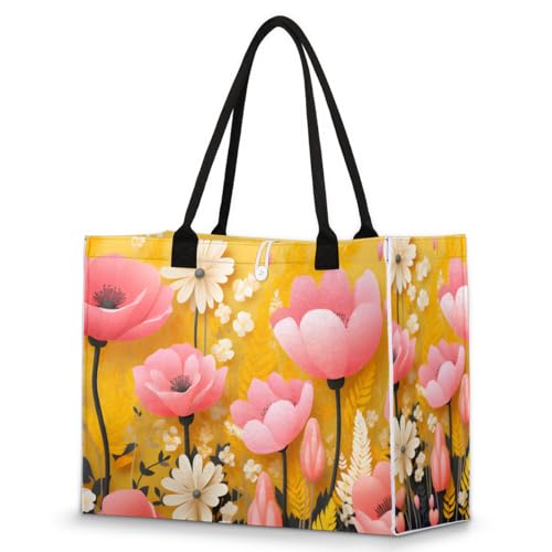Pink Flower Yellow Plants Tote Bag for Women Large Beach Bag Reusable Tote Bags for Work Travel Beach Shopping