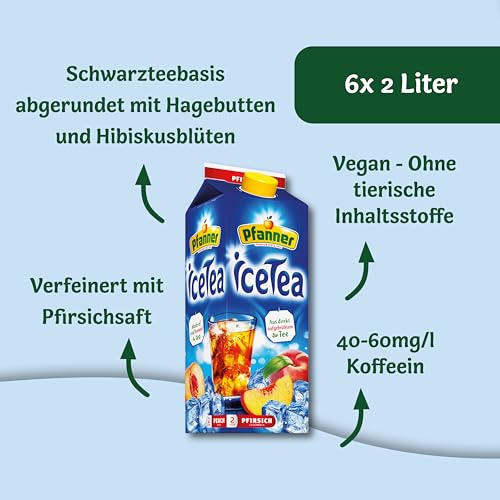 Pfanner Eistee Pfirsich – 6 x 2 l Vorratspack - direkt aufgebrühter Tee mit Pfirsichsaft – Ice Tea Flaschen