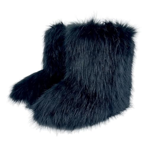 Women's Faux Fur Boots, Furry Fuzzy Mid Calf Snow Boots Y2k, Winter Warm Comfortable Fluffy Boots, Outdoor Indoor Flat Fur Shoes3