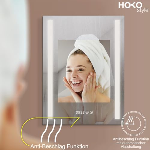 HOKO LED Badspiegel 50x70 cm. Mit Uhr + ANTIBESCHLAG SPIEGELHEIZUNG. Design Bad Spiegel mit Beleuchtung. + LED Wechsel - Warmweiß… – Ansicht 4