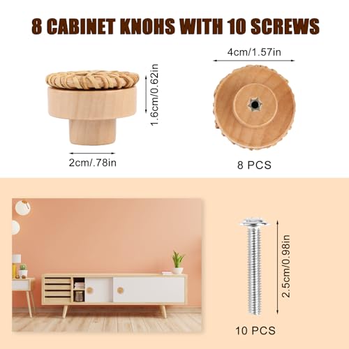 RUNEAY Rattan Cabinet Knobs, Pack of 8, 40 mm, Wooden Boho Handles, Natural Finish, Ambidextrous, Round Shape, Unfinished, Brown - Image 2