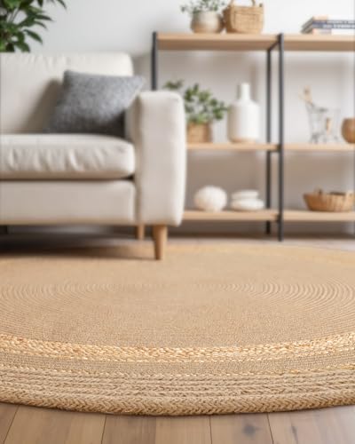 Image of Rounds Jute Carpet - Handwoven Natural Fiber Rug for Living Room, Bedroom, Entryway | Boho Chic Eco-Friendly Area Rug | Rustic Designer Floor Mat:-(Jute Tikki Big, 5x5 feet