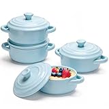 APACALI Lot de 4 mini cocottes avec couvercles 450 ml en céramique avec poignées pour soufflé, quiche, crème brûlée, tarte, bleu