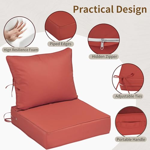 Image of 24x24 Outdoor Chair Cushions Set of 4, Waterproof Deep Seat Cushions for Patio Furniture with Removable Cover, Fade Resistant 4'' Outdoor Seat Cushion w /Ties&Handle for Sofa Loveseat,Brick Red