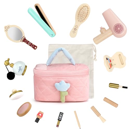 Juego de maquillaje infantil de madera, juego de maquillaje, maletín de maquillaje, tocador de madera, juguete para niñas, maquillaje, peluquería, juego de rol, regalo para niñas a partir de 3, 4, 5