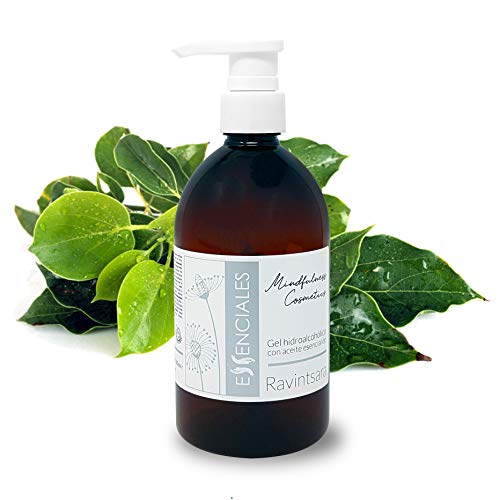 Essenciales - Gel idroalcolico disinfettante mani con oli essenziali puri al 100% (olio essenziale Ravintsara, 500 ml)