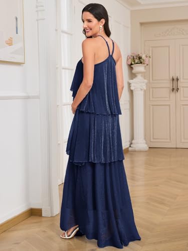 Image of AISWI Maternity Halter Neck Maxi Dress Sparkly Mesh Tiered Ruffle Pregnancy Gown with Flower for Baby Shower Photoshoot
