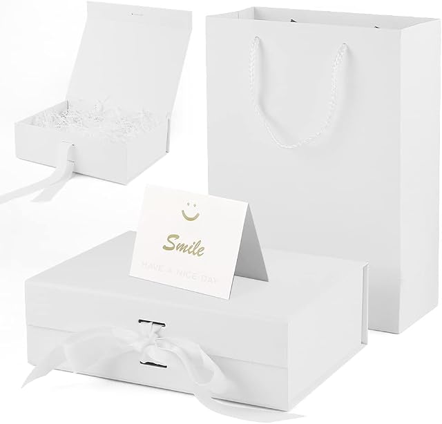 soosable [1 Set] 4 in 1 White Gift Box(23x17x7cm) with Ribbon + Bag(28x20x8cm) + 20g Raffia Hamper Shreds + A Card, Magnetic Foldable Decorative Gift Boxes, Gift Wrapping Set