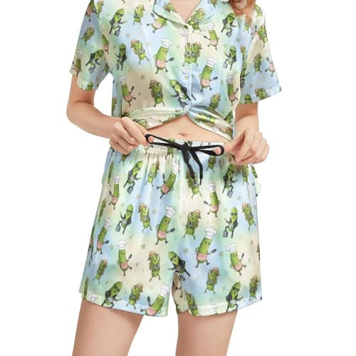 Image of Funny Satin Pajamas Set for Women Button Down Sleepwear Print Pjs Set 2 Piece Short Sleeve Loungewear Gift for Women