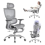 LarkLeaves Office Chair with Footrest, Ergonomic Chair with 3D Headrest, Desk Chair with Adjustable Backrest & 3D Armrest, Gaming Chair with Adaptive Lumbar Support, Mesh Backrest & Cushion, Grey