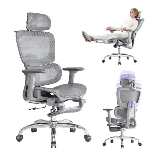 LarkLeaves Cadeira de Escritório com Descanso para os Pés, Cadeira Ergonômica com Encosto de Cabeça 3D, Cadeira Gamer com Encosto Ajustável e Apoio de Braço 3D, Cadeira Presidente, Cadeira Mesh, Cinza