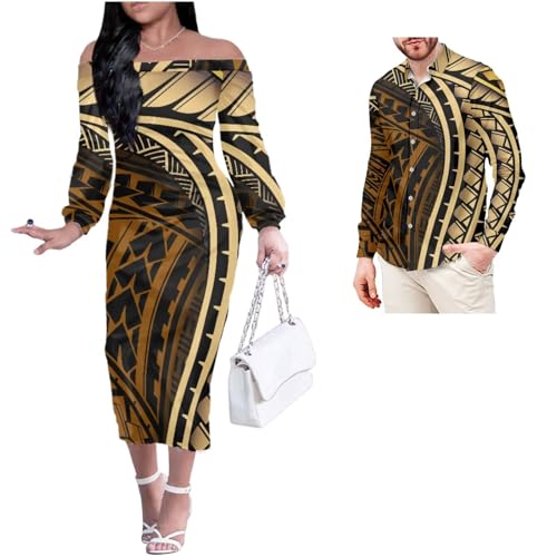 Tribal Polynesian American Samoa Print Off Shoulder Dress Match Men Shirts Party Club Couple Set 2Pcs Outfits