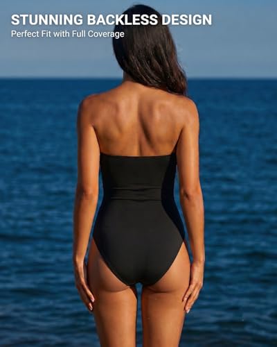 Image of Holipick Women Sexy One Piece Swimsuit Strapless Bathing Suits | Bandeau Neckline, Mesh Cutout Design, Push Up Removable Pads, High Cut, Removable Straps, Pool Beach Cruise Resort