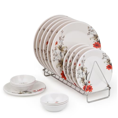 Image of Golden Fish Melamine Round Dinner Set of 18 (6 Plates + 6 Veg Bowls + 6 Half Plates) | Red & White Floral Print | Unbreakable, Dishwasher & Microwave Safe