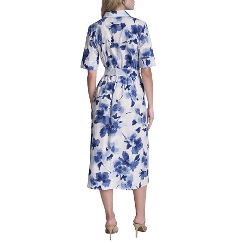 Image of DKNY Women's Short Sleeve Cotton Poplin Collared Midi Shirtdress