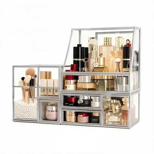 Hersoo Glass Makeup Organizer for Vanity/Stackable 2Pieces Drawer Set/Antique Countertop Vanity Cosmetic Storage Box Mirror Glass Beauty Display, Holder for Brushes Lipsticks Skincare Toner (Silver)