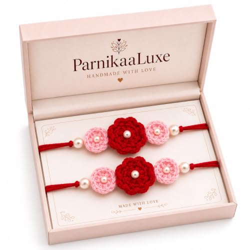 Image of Handmade Crochet Flower Rakhi Set of 2 | Cotton Thread Floral Desigen with Pearl | Eco-Friendly Designer Raksha Bandhan Rakhi for Brother